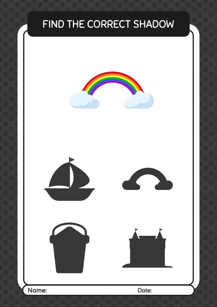 Find the correct shadows game with rainbow. worksheet for preschool kids, kids activity sheet vector