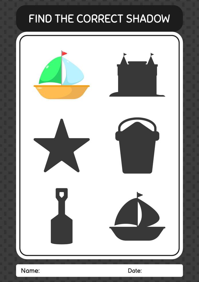 Find the correct shadows game with sailing boat. worksheet for preschool kids, kids activity sheet vector