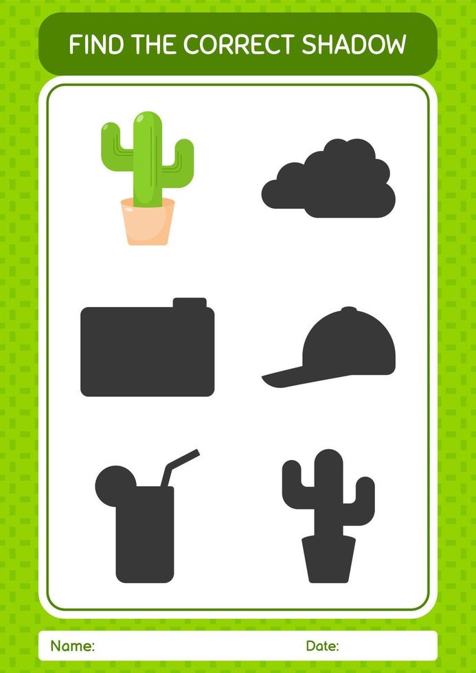 Find the correct shadows game with cactus. worksheet for preschool kids, kids activity sheet vector