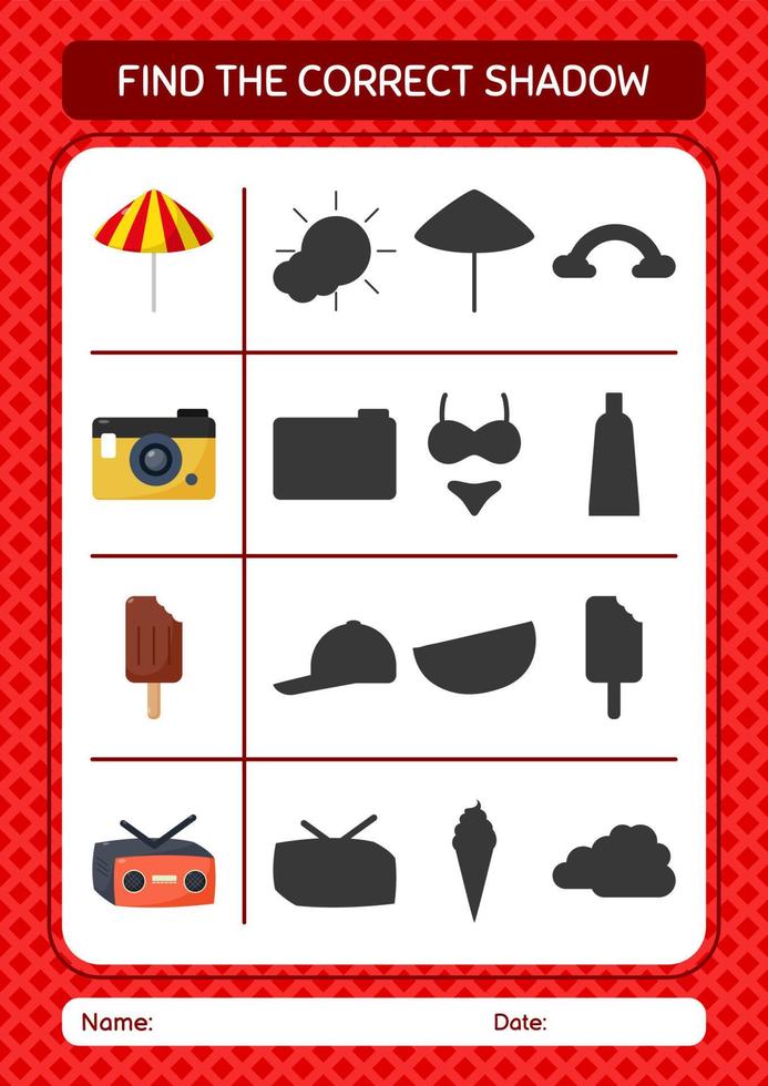 Find the correct shadows game with summer icon. worksheet for preschool kids, kids activity sheet vector
