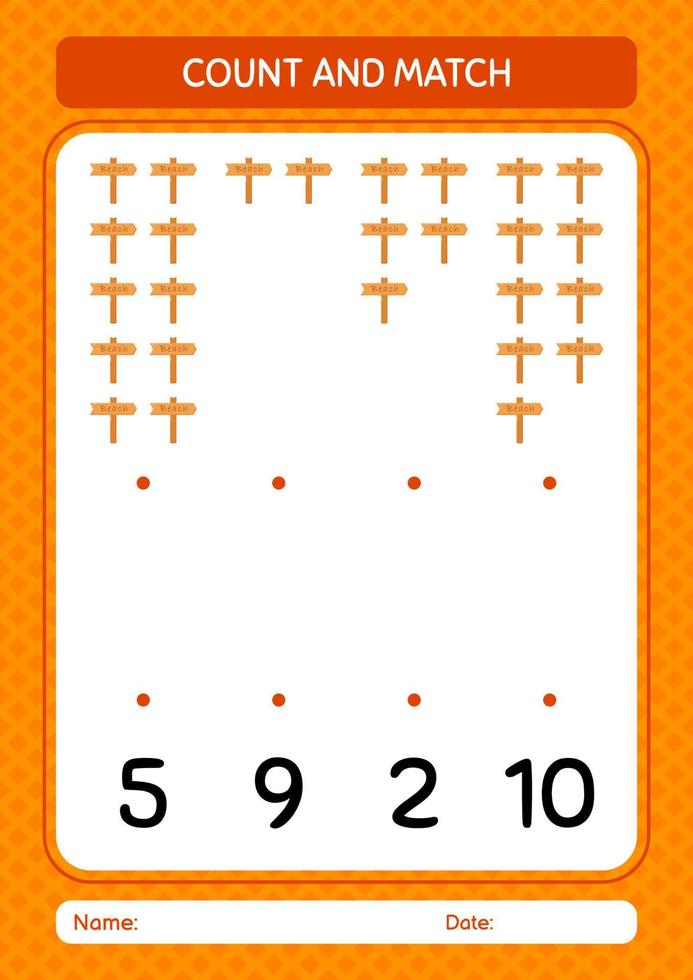 Count and match game with sign board. worksheet for preschool kids, kids activity sheet vector
