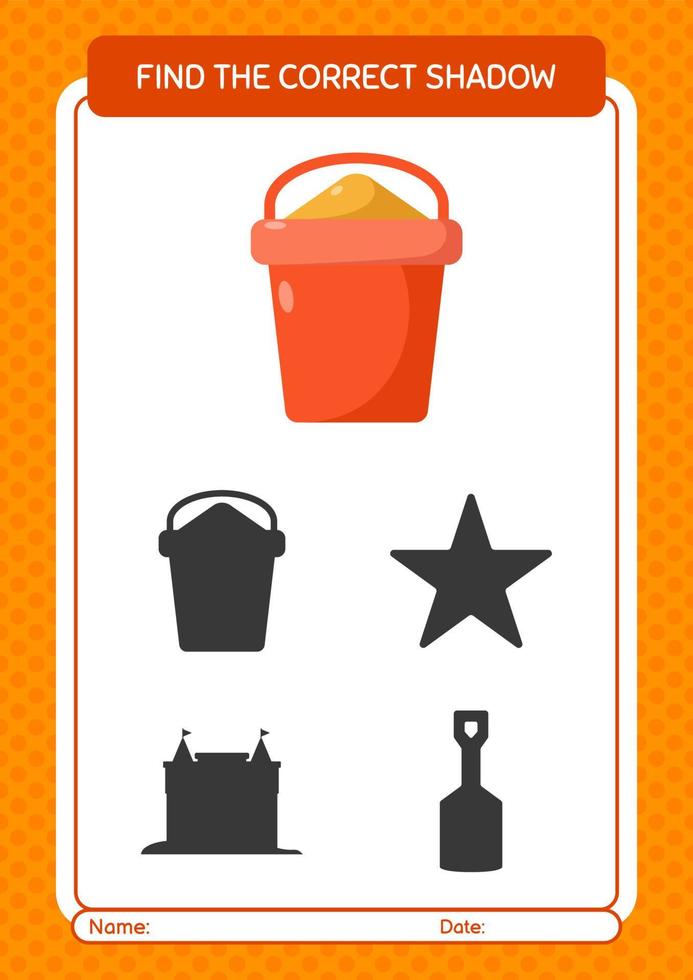 Find the correct shadows game with sand bucket. worksheet for preschool kids, kids activity sheet vector