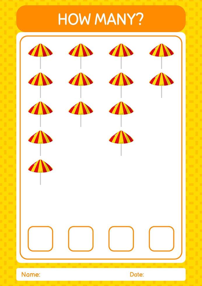 How many counting game with umbrella. worksheet for preschool kids, kids activity sheet vector