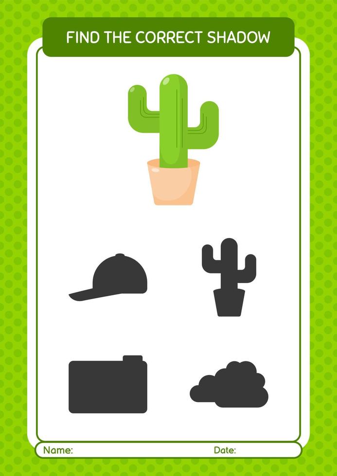 Find the correct shadows game with cactus. worksheet for preschool kids, kids activity sheet vector