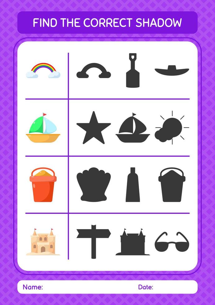 Find the correct shadows game with summer icon. worksheet for preschool kids, kids activity sheet vector