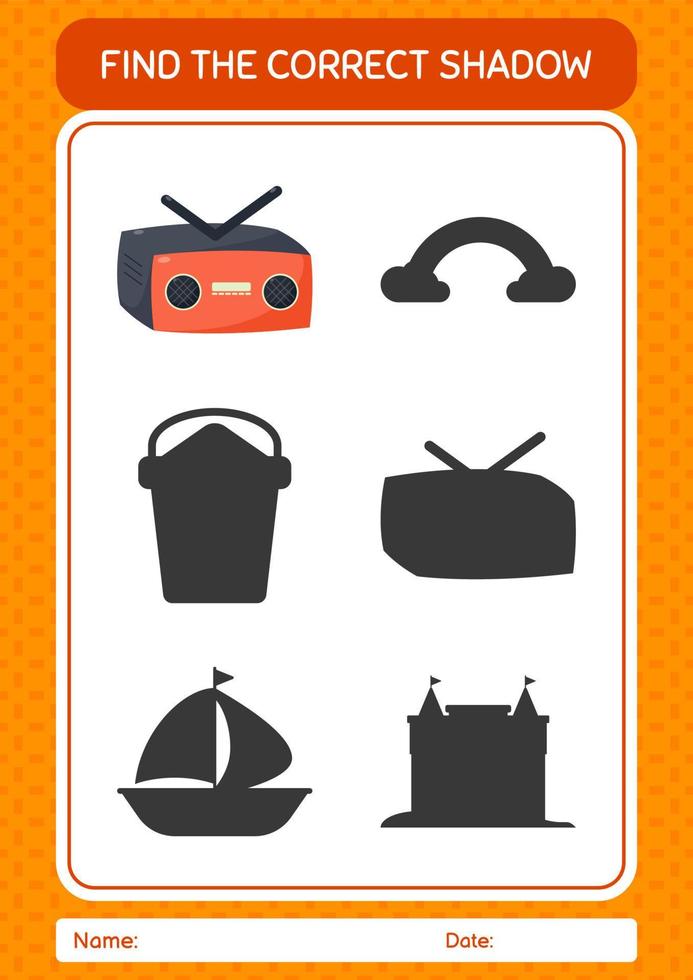 Find the correct shadows game with radio. worksheet for preschool kids, kids activity sheet vector