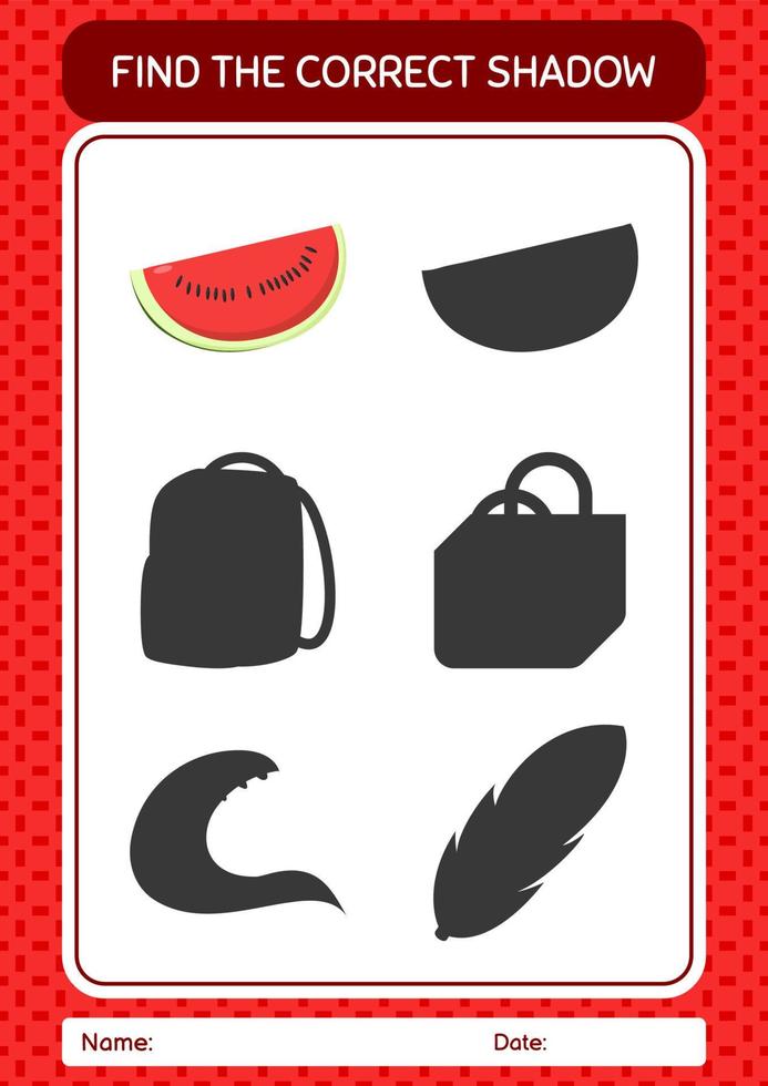 Find the correct shadows game with watermelon. worksheet for preschool kids, kids activity sheet vector