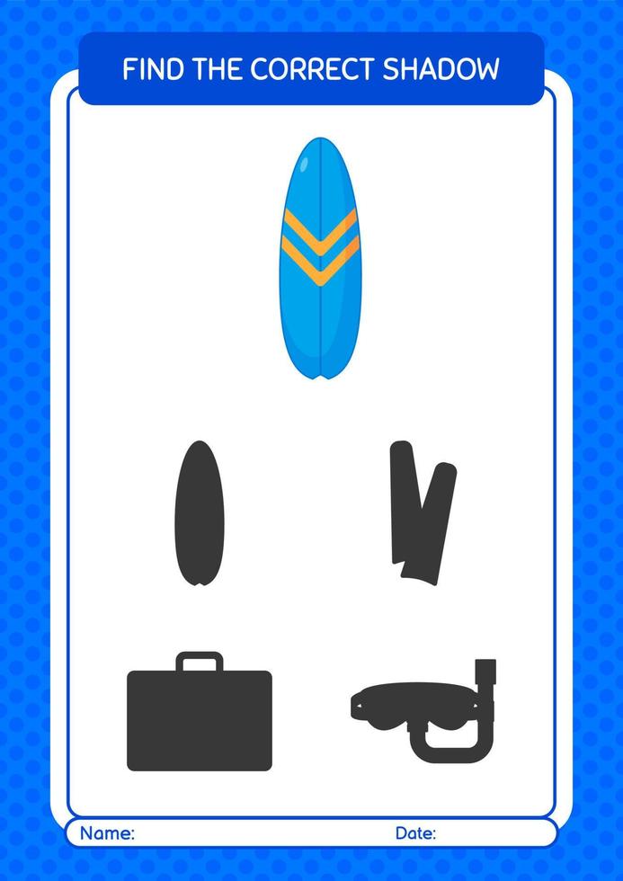 Find the correct shadows game with surfboard. worksheet for preschool kids, kids activity sheet vector