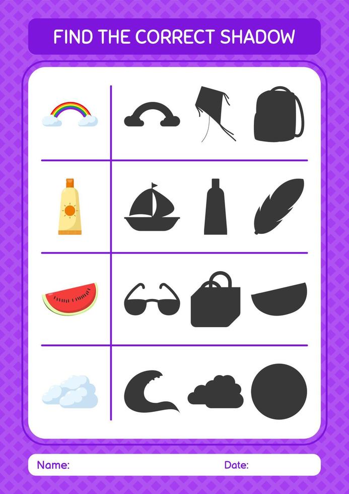 Find the correct shadows game with summer icon. worksheet for preschool kids, kids activity sheet vector