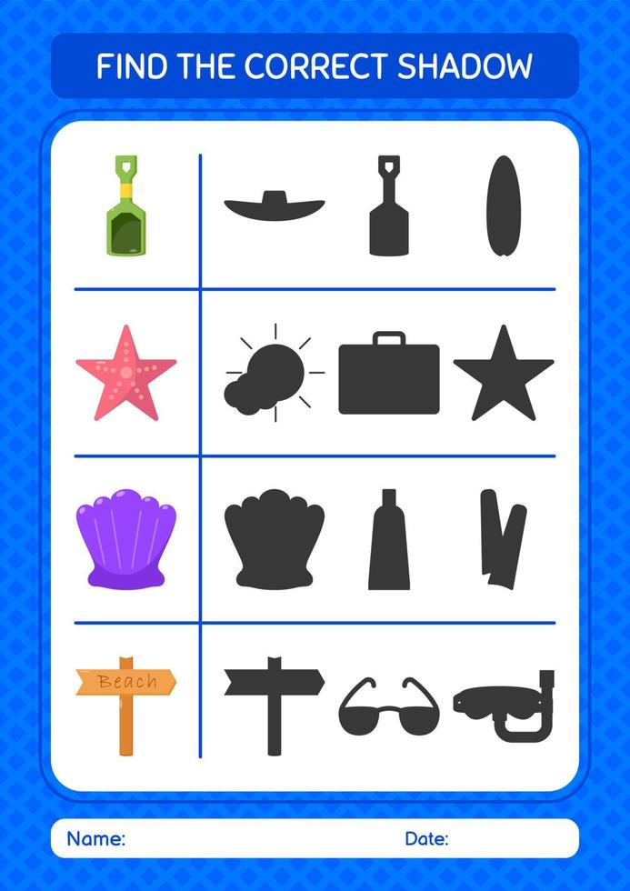 Find the correct shadows game with summer icon. worksheet for preschool kids, kids activity sheet vector