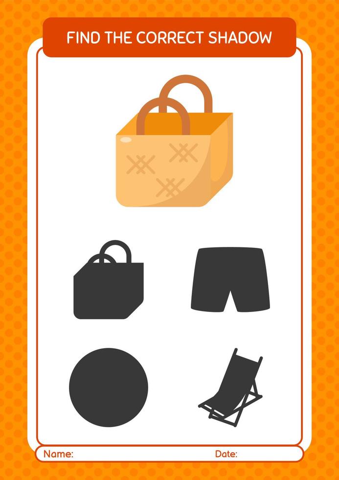 Find the correct shadows game with basket bag. worksheet for preschool kids, kids activity sheet vector