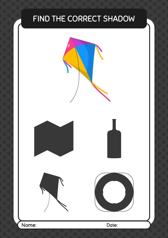 Find the correct shadows game with kite. worksheet for preschool kids, kids activity sheet vector