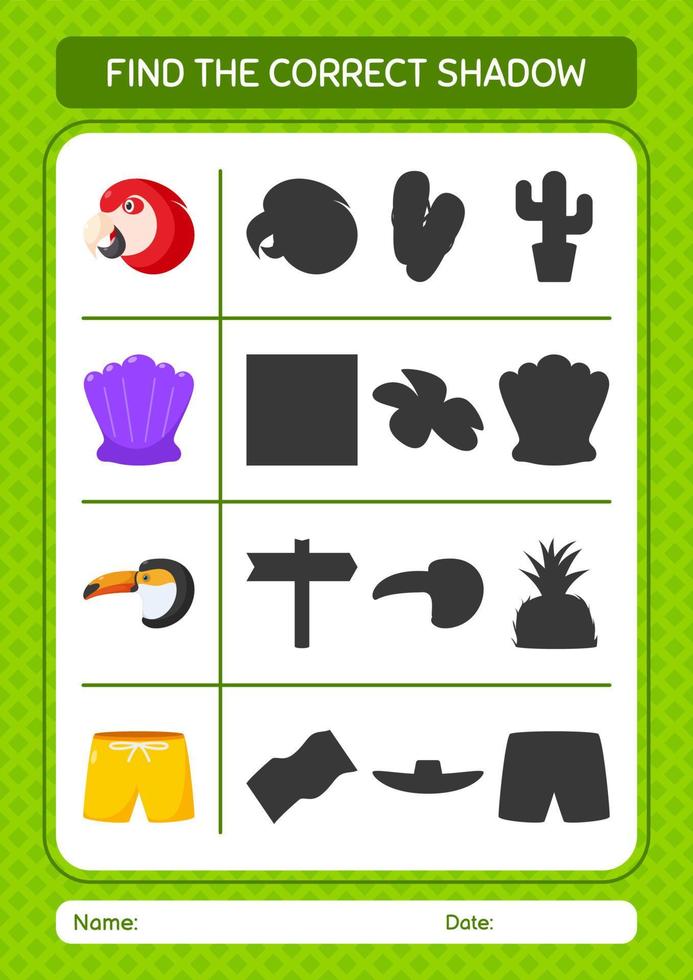 Find the correct shadows game with summer icon. worksheet for preschool kids, kids activity sheet vector
