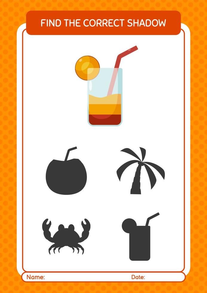 Find the correct shadows game with cocktail. worksheet for preschool kids, kids activity sheet vector