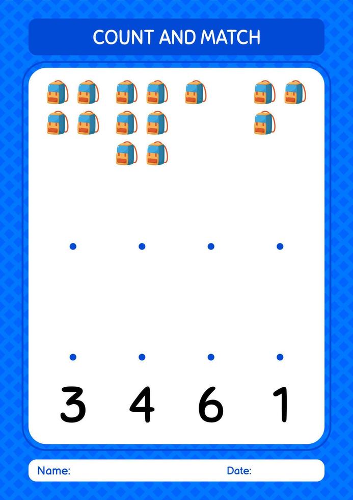 Count and match game with backpack. worksheet for preschool kids, kids activity sheet vector