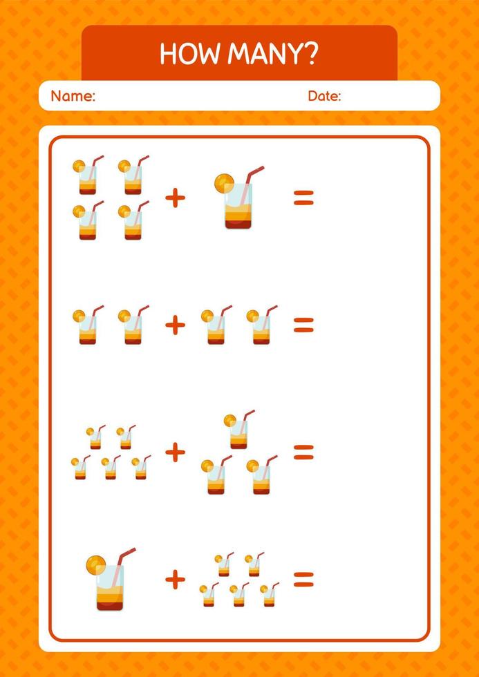 How many counting game with cocktail. worksheet for preschool kids, kids activity sheet vector