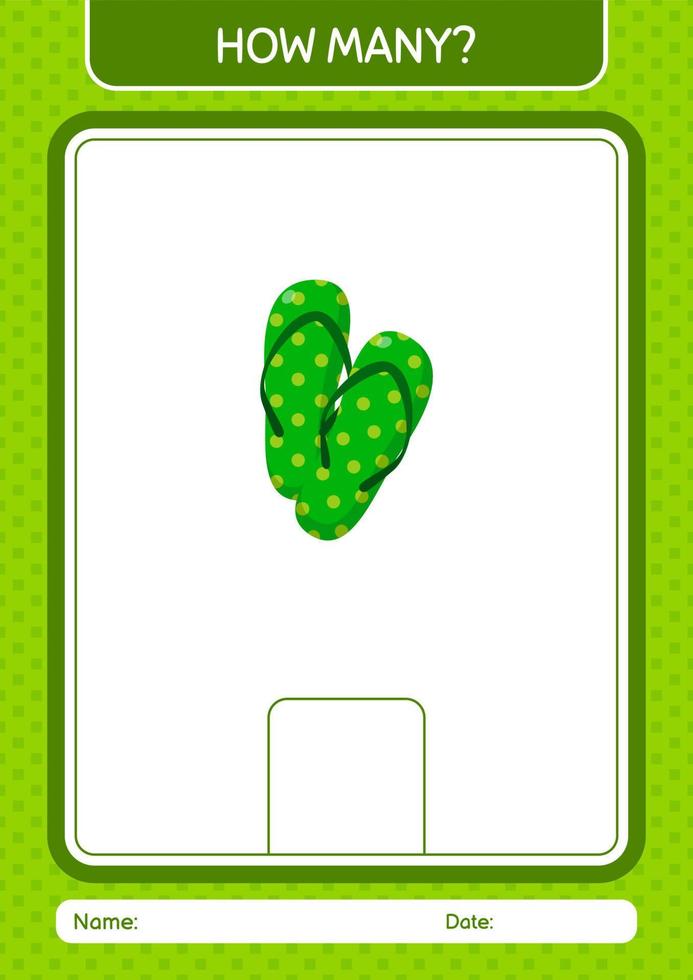 How many counting game with flip flop. worksheet for preschool kids, kids activity sheet vector