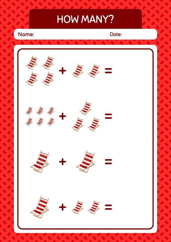 How many counting game with beach bench. worksheet for preschool kids, kids activity sheet vector