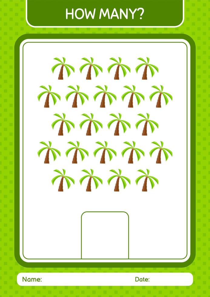 How many counting game with coconut tree. worksheet for preschool kids, kids activity sheet vector