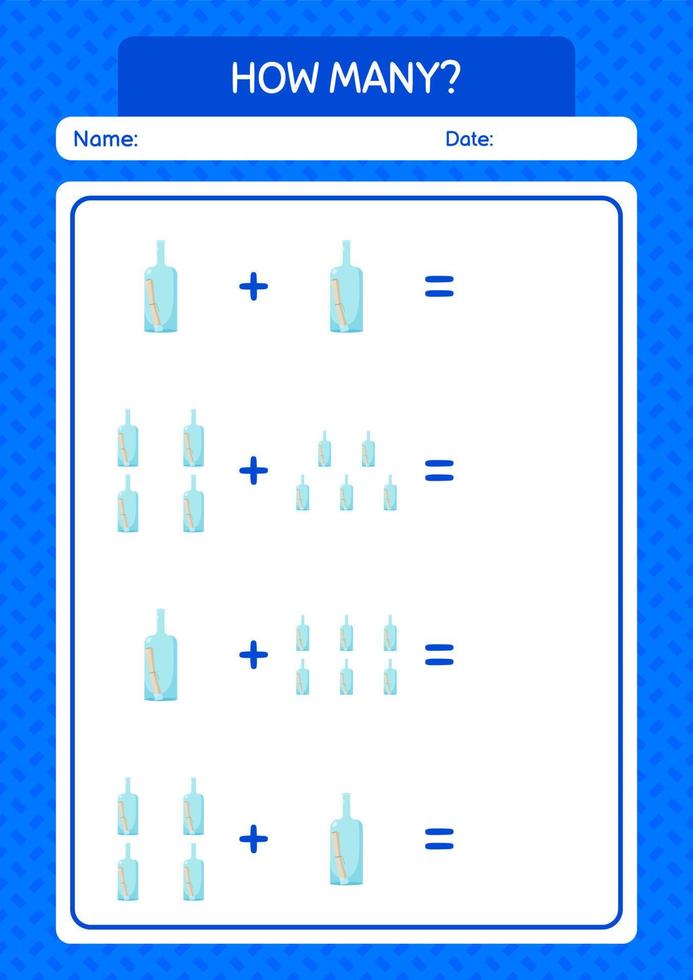 How many counting game with message bottle. worksheet for preschool kids, kids activity sheet vector