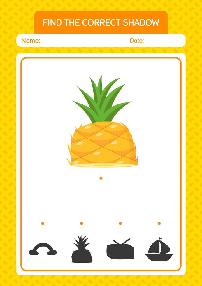 Find the correct shadows game with pineapple. worksheet for preschool kids, kids activity sheet vector