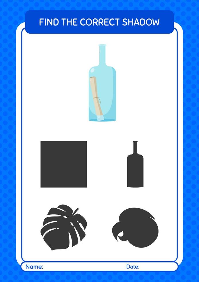 Find the correct shadows game with message bottle. worksheet for preschool kids, kids activity sheet vector