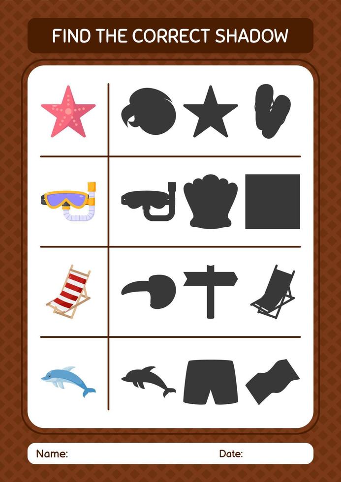 Find the correct shadows game with summer icon. worksheet for preschool kids, kids activity sheet vector