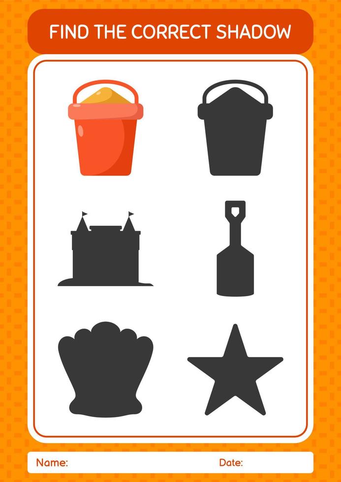 Find the correct shadows game with sand bucket. worksheet for preschool kids, kids activity sheet vector