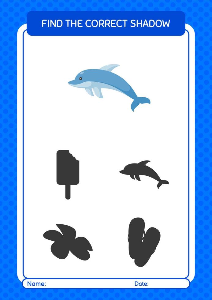 Find the correct shadows game with dolphin. worksheet for preschool kids, kids activity sheet vector