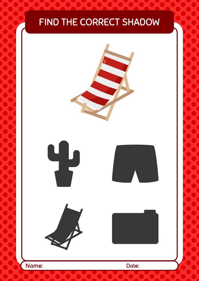 Find the correct shadows game with beach bench. worksheet for preschool kids, kids activity sheet vector