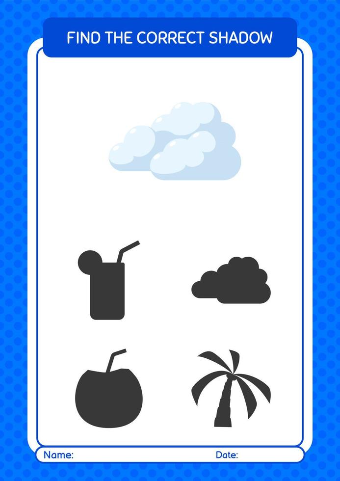 Find the correct shadows game with cloud. worksheet for preschool kids, kids activity sheet vector