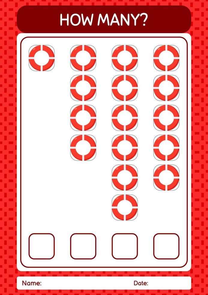 How many counting game with life buoy. worksheet for preschool kids, kids activity sheet vector