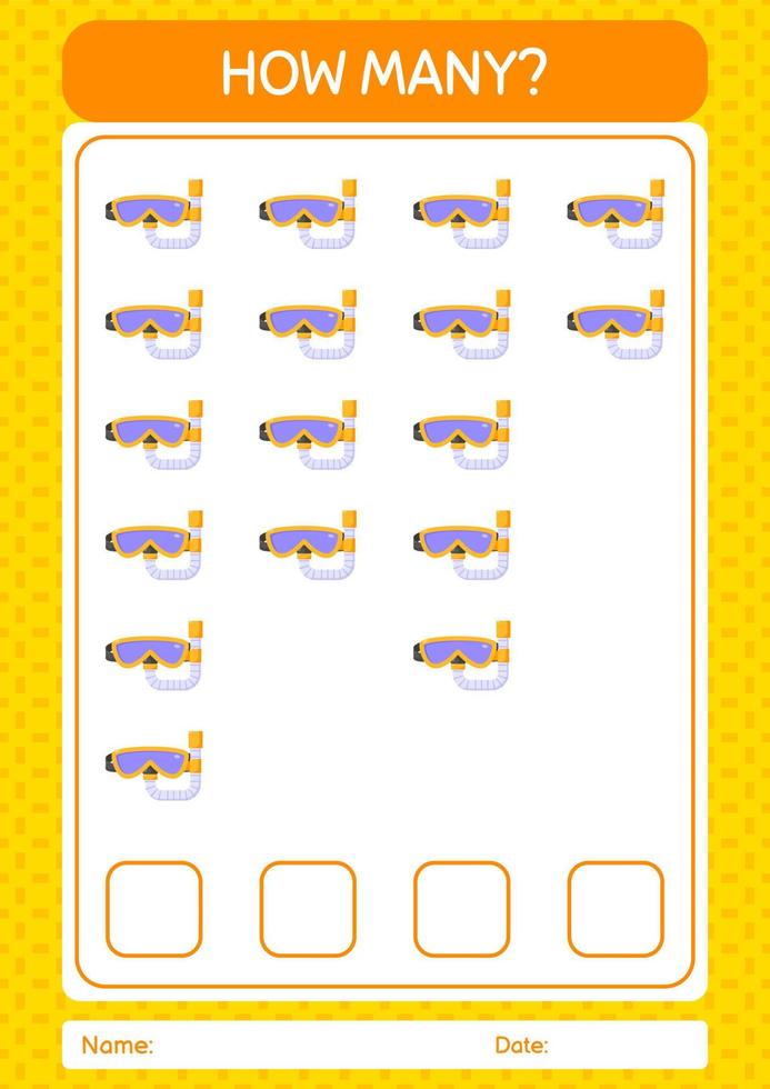 How many counting game with swimming goggles. worksheet for preschool kids, kids activity sheet vector