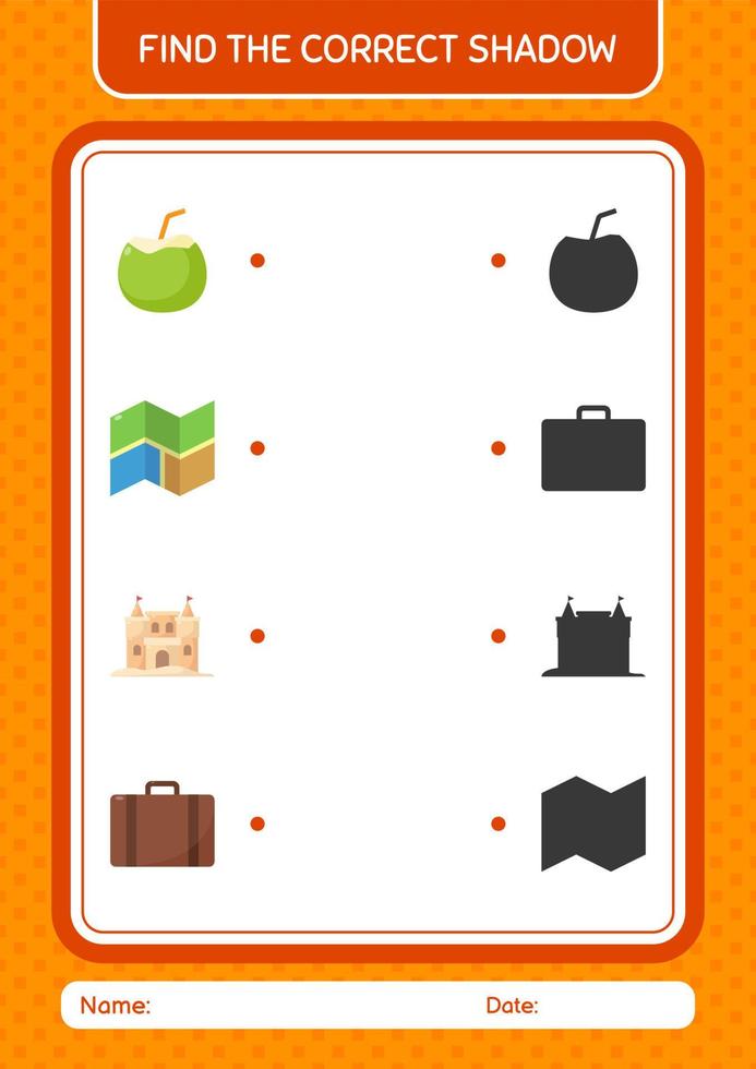 Find the correct shadows game with summer icon. worksheet for preschool kids, kids activity sheet vector