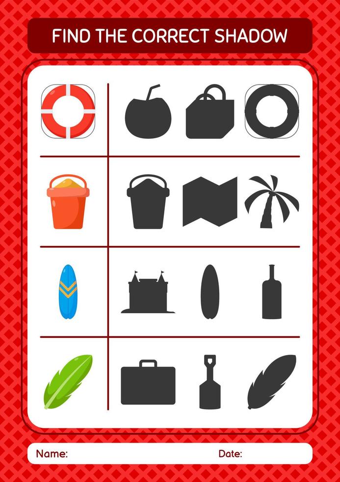 Find the correct shadows game with summer icon. worksheet for preschool kids, kids activity sheet vector