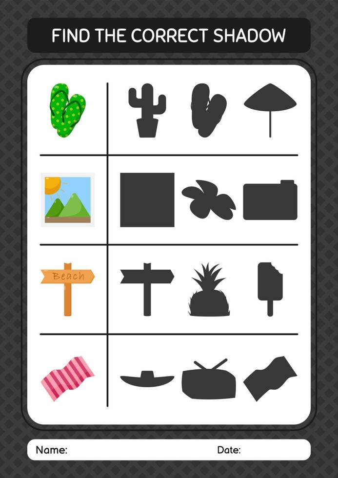 Find the correct shadows game with summer icon. worksheet for preschool kids, kids activity sheet vector