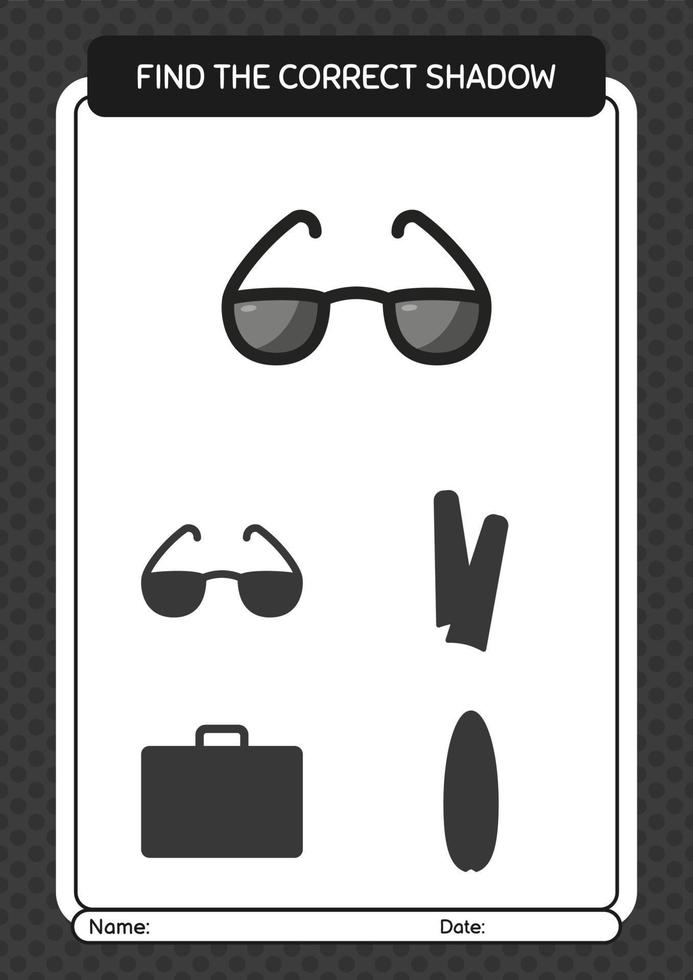 Find the correct shadows game with sunglasses. worksheet for preschool kids, kids activity sheet vector