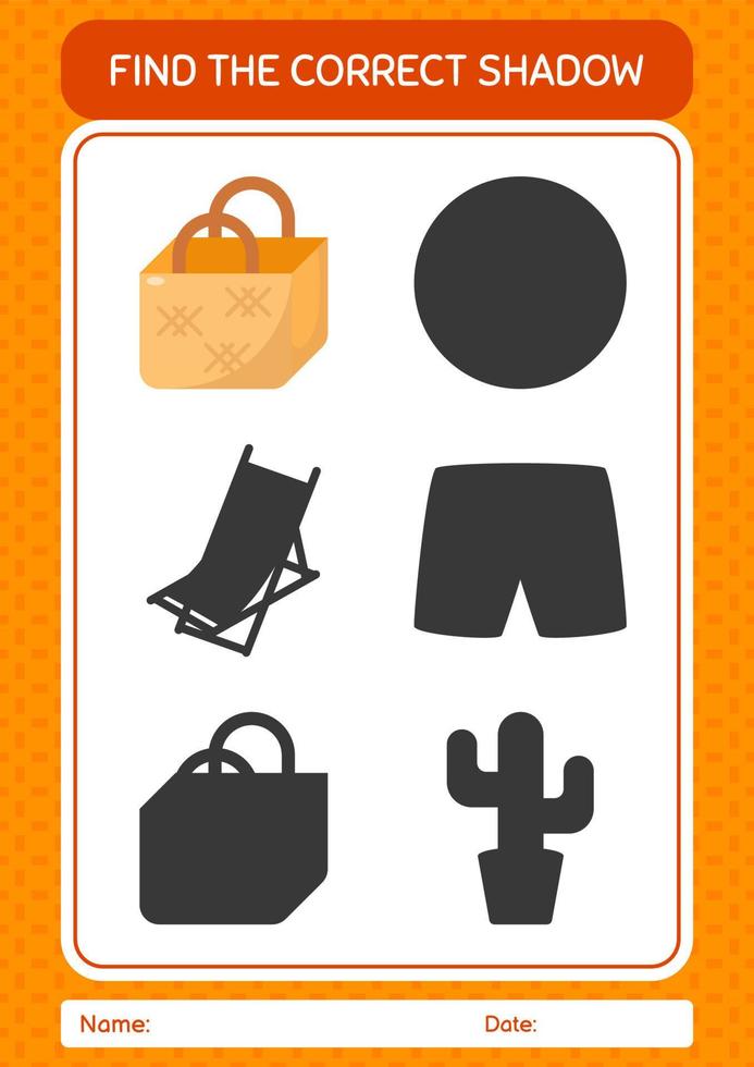 Find the correct shadows game with basket bag. worksheet for preschool kids, kids activity sheet vector