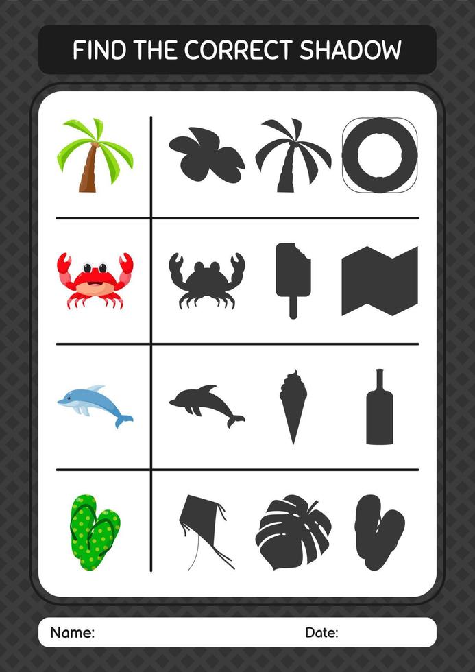 Find the correct shadows game with summer icon. worksheet for preschool kids, kids activity sheet vector