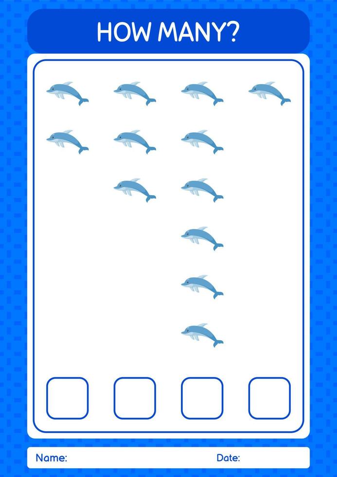How many counting game with dolphin. worksheet for preschool kids, kids activity sheet vector