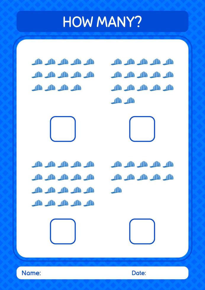 How many counting game with cap. worksheet for preschool kids, kids activity sheet vector