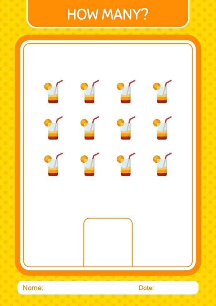 How many counting game with cocktail. worksheet for preschool kids, kids activity sheet vector