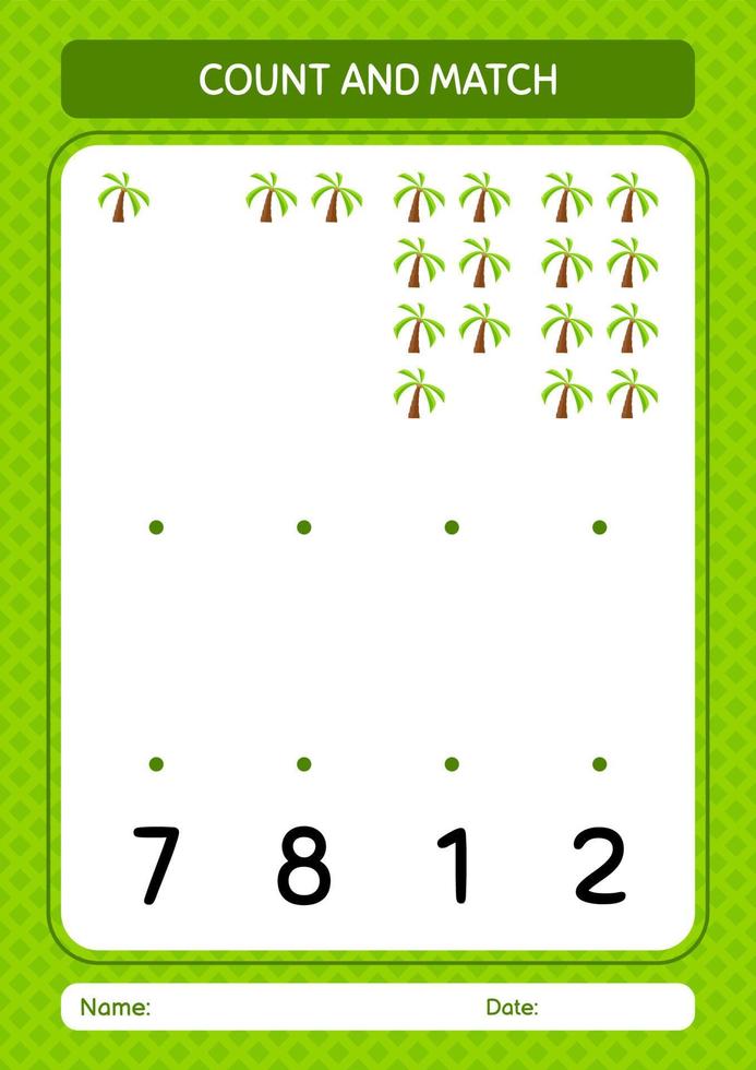 Count and match game with coconut tree. worksheet for preschool kids, kids activity sheet vector