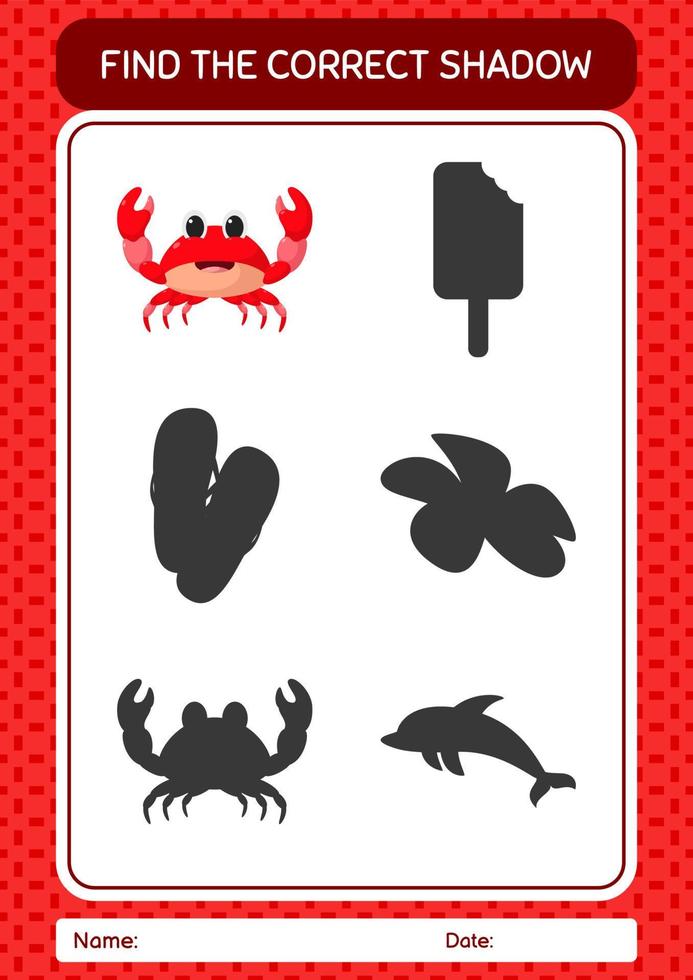 Find the correct shadows game with crab. worksheet for preschool kids, kids activity sheet vector