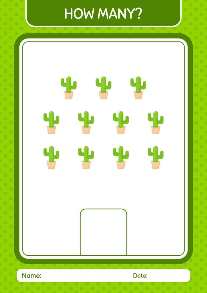 How many counting game with cactus. worksheet for preschool kids, kids activity sheet vector