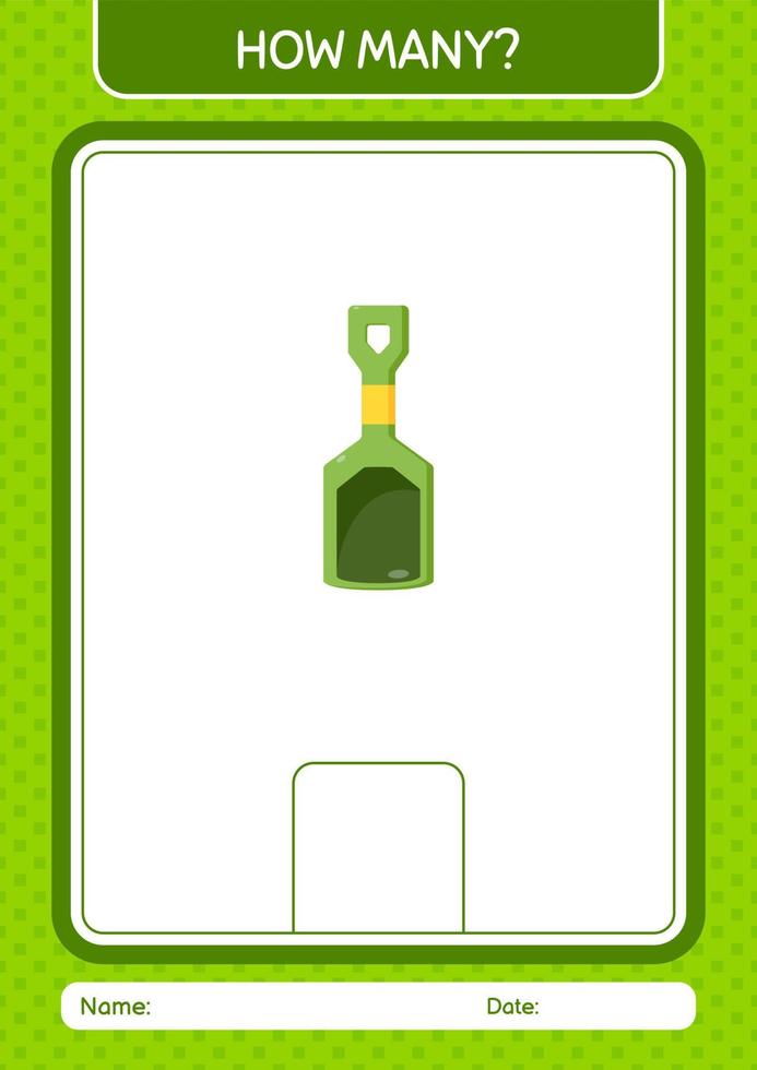 How many counting game with sand shovel. worksheet for preschool kids, kids activity sheet vector