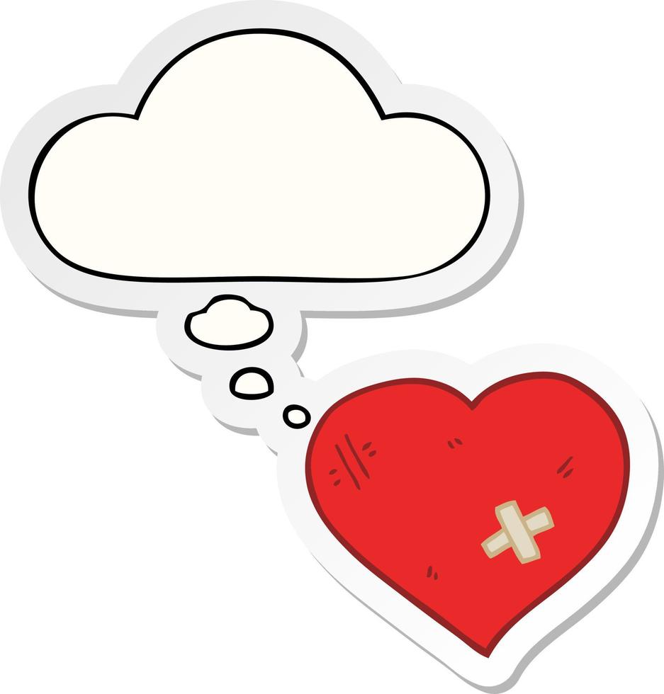 cartoon love heart with sticking plaster and thought bubble as a printed sticker vector