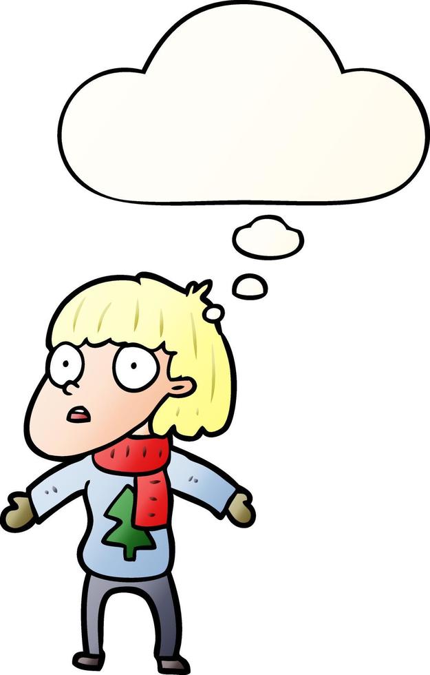 cartoon surprised christmas person and thought bubble in smooth gradient style vector