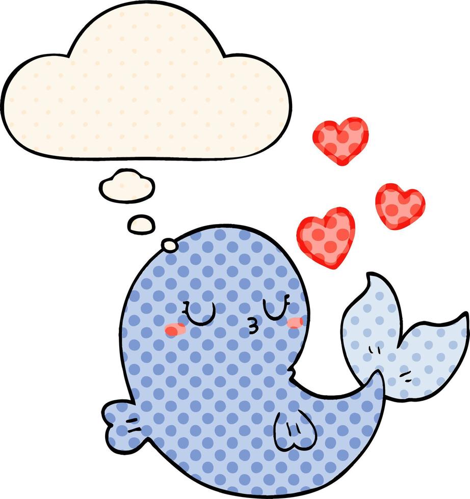 cute cartoon whale in love and thought bubble in comic book style vector