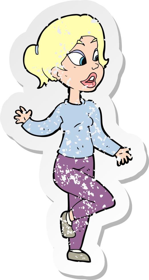 retro distressed sticker of a cartoon friendly woman waving vector